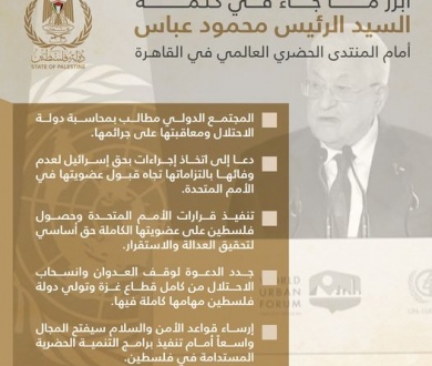 أبرز ما جاء في كلمة رئيس دولة فلسطين محمود عباس أمام المنتدى الحضري العالمي في القاهرة