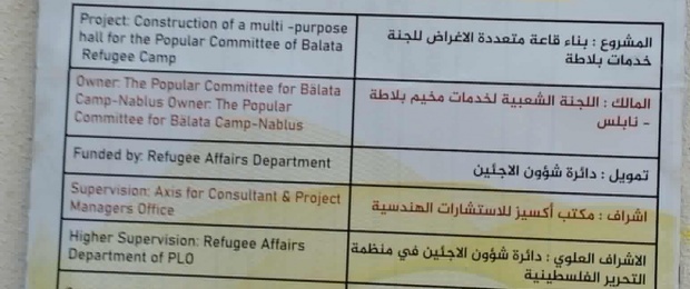 شؤون اللاجئين بالمنظمة تباشر بتنفيذ مشروع إنشاء قاعة متعددة الأغراض، لصالح مخيم بلاطة.