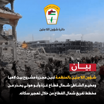 شؤون اللاجئين بالمنظمة تدين مجزرة مشروع بيت لاهيا ومخيم الشاطئ شمال قطاع غزة وأبو هولي يحذر من مخطط تفريغ شمال القطاع من خلال تهجير سكانه.