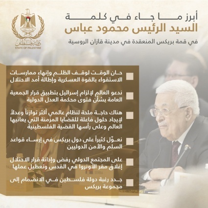 أبرز ما جاء في كلمة السيد الرئيس محمود عباس في قمة بريكس المنعقدة في مدينة قازان الروسية