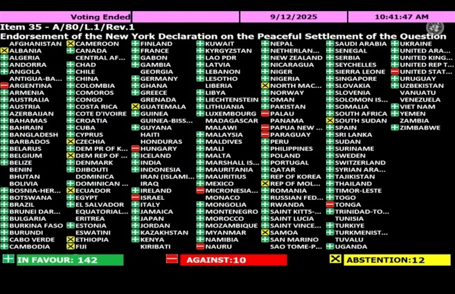 "الجمعية العامة" تصوت لصالح قرار يؤيد إعلان نيويورك بشأن حل الدولتين والخارجية ترحب